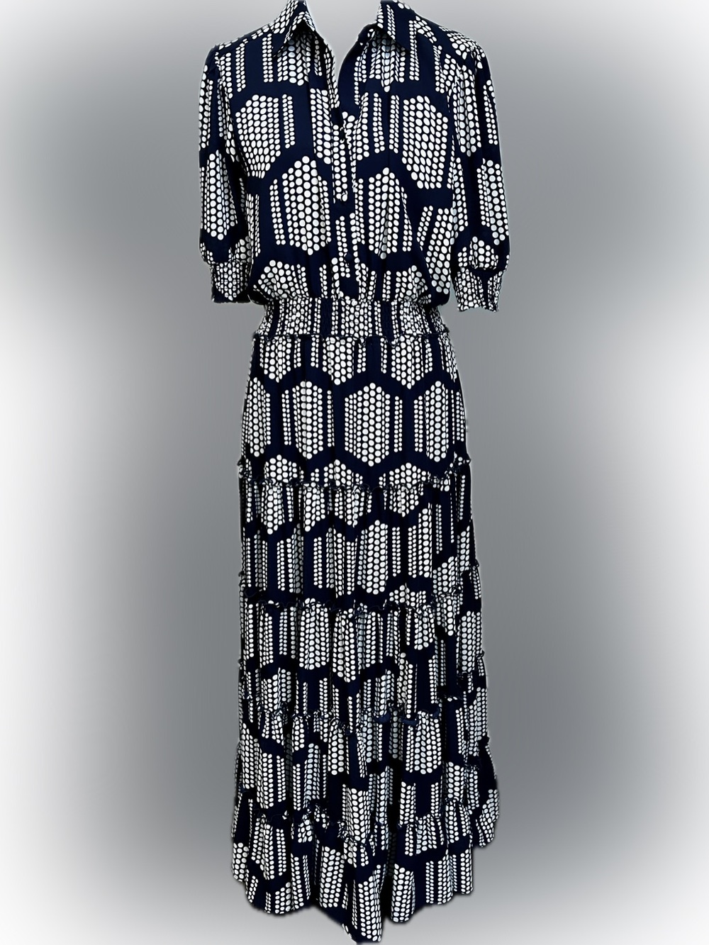 Tahari Navy/White Geometric Tiered Maxi Dress with Button Up Top Smocked Waist